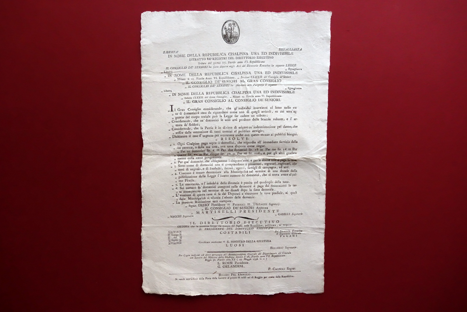 Grida Repubblica Cisalpina Tassa sui Domestici Imposte Esenzioni Davolio 1798