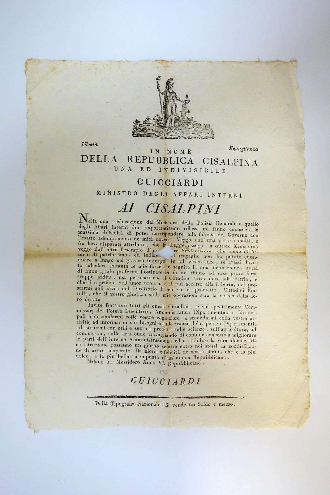 Grida Repubblica Cisalpina Trasferimento Guicciardi Polizia Affari Interni 1798