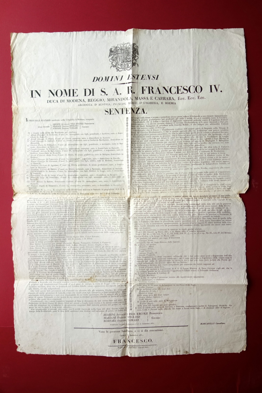 Grida Sentenza Francesco IV Modena Moti 1831 Mirandola Sassuolo Banda …