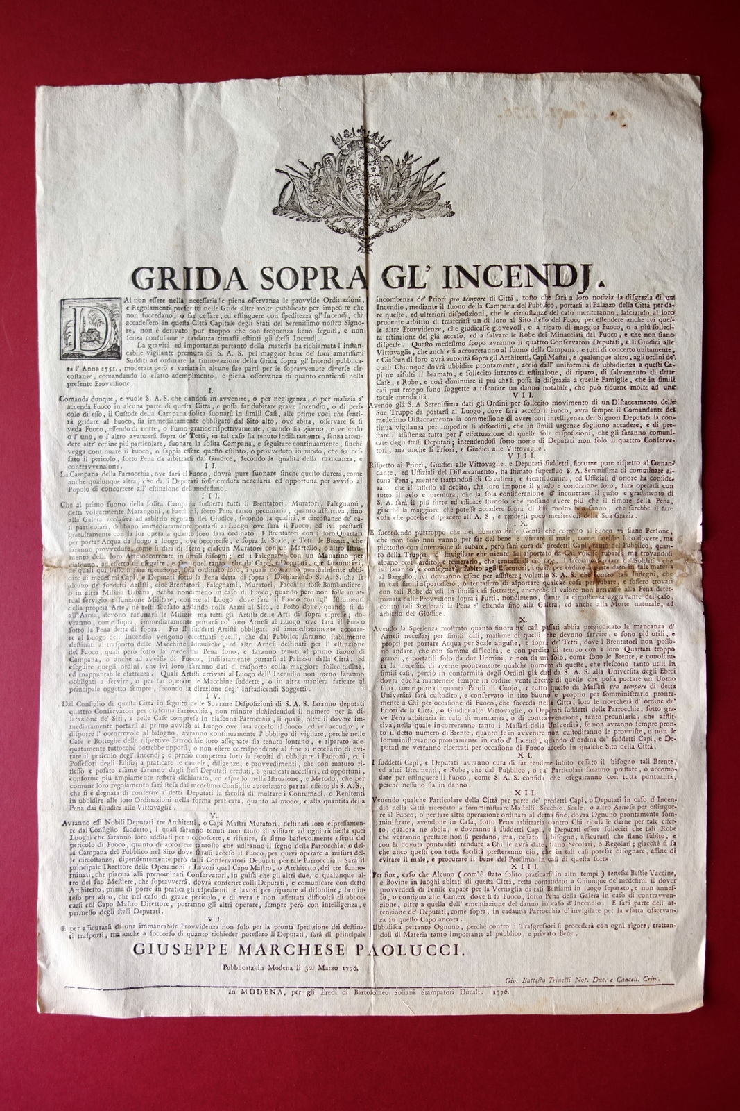 Grida Sopra gli Incendi Disposizioni Soliani Modena 1776