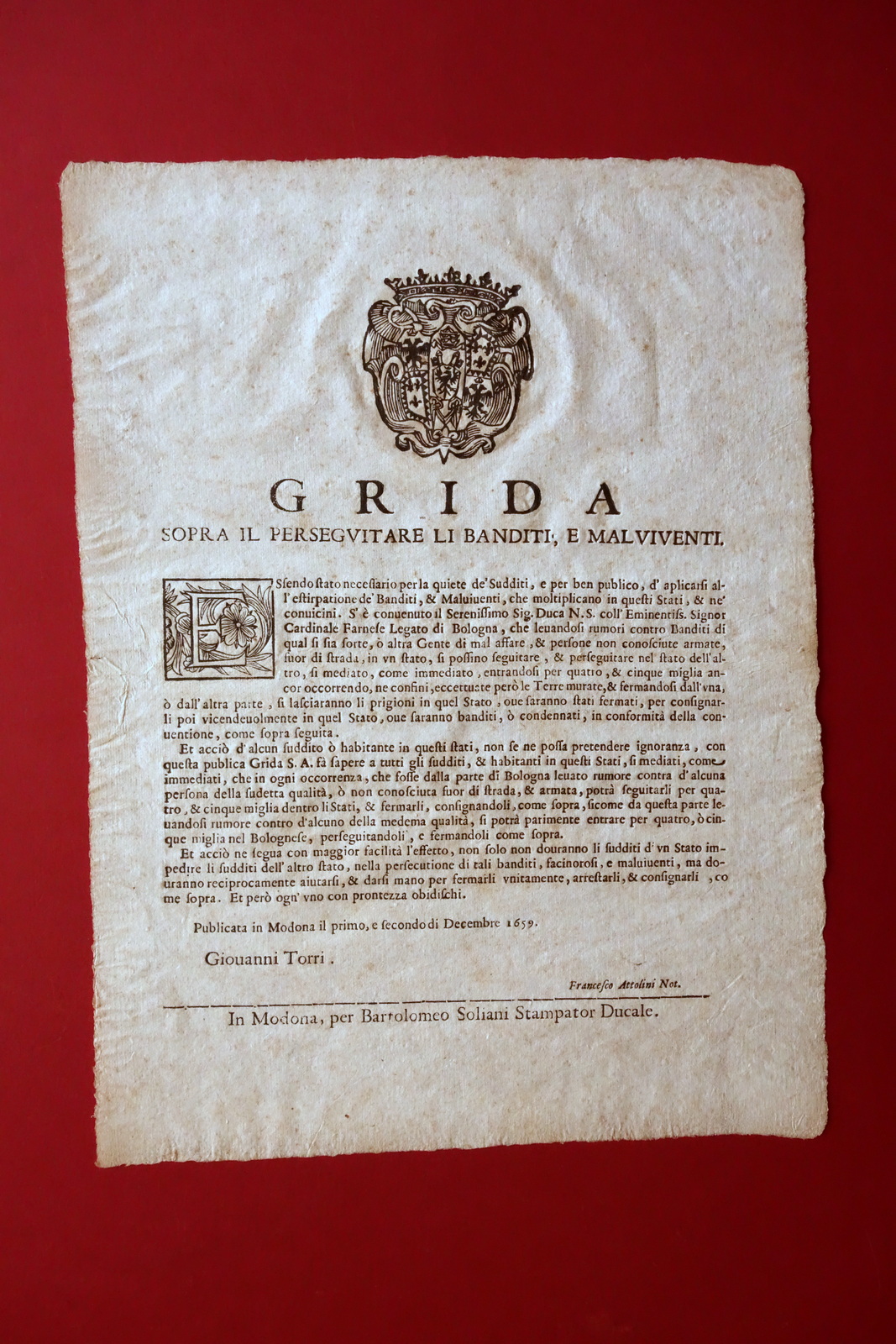 Grida Sopra il Perseguitare Li Banditi e Malviventi Soliani Modena …
