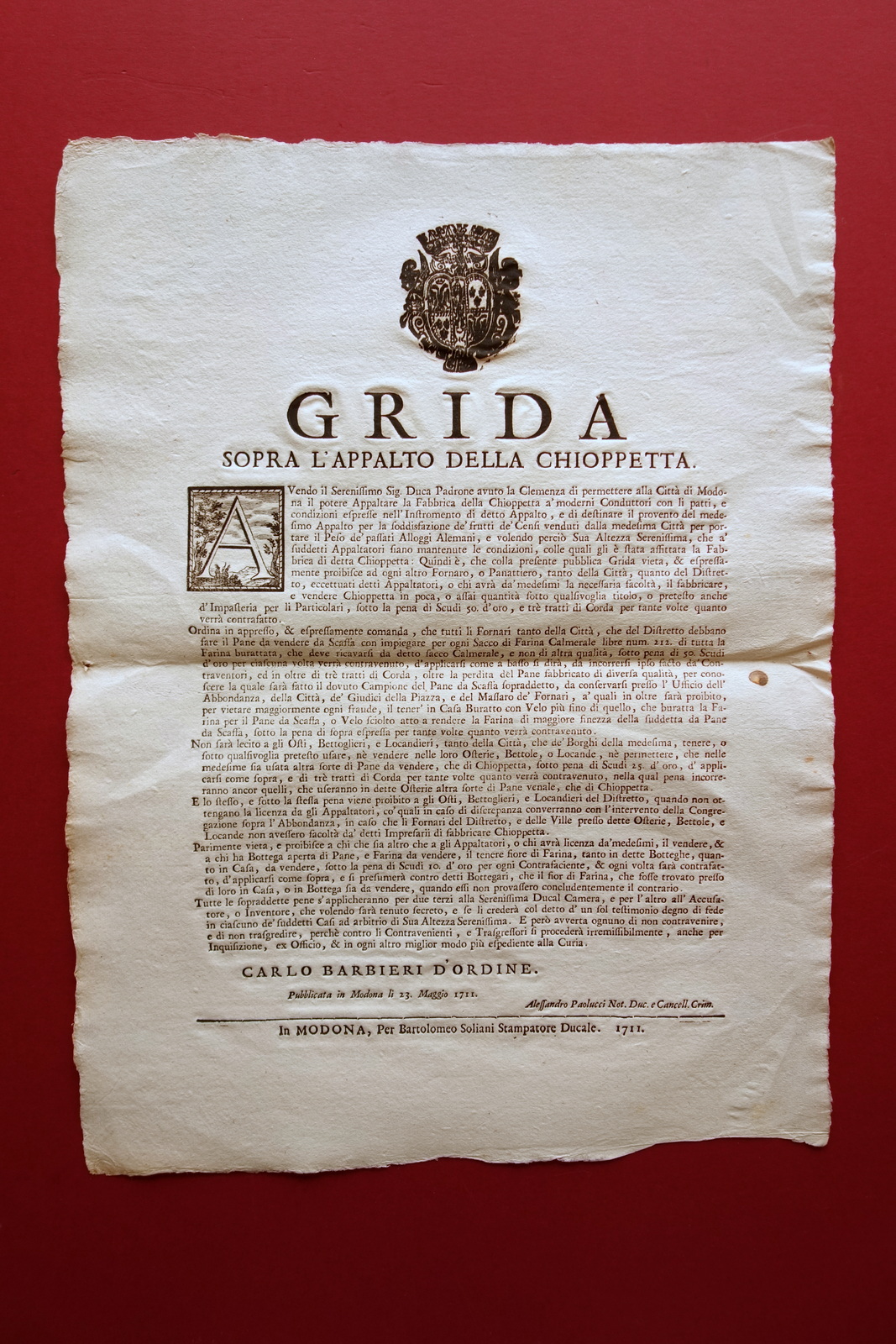 Grida Sopra l'Appalto della Chioppetta Pane Panificazione Soliani Modena 1711