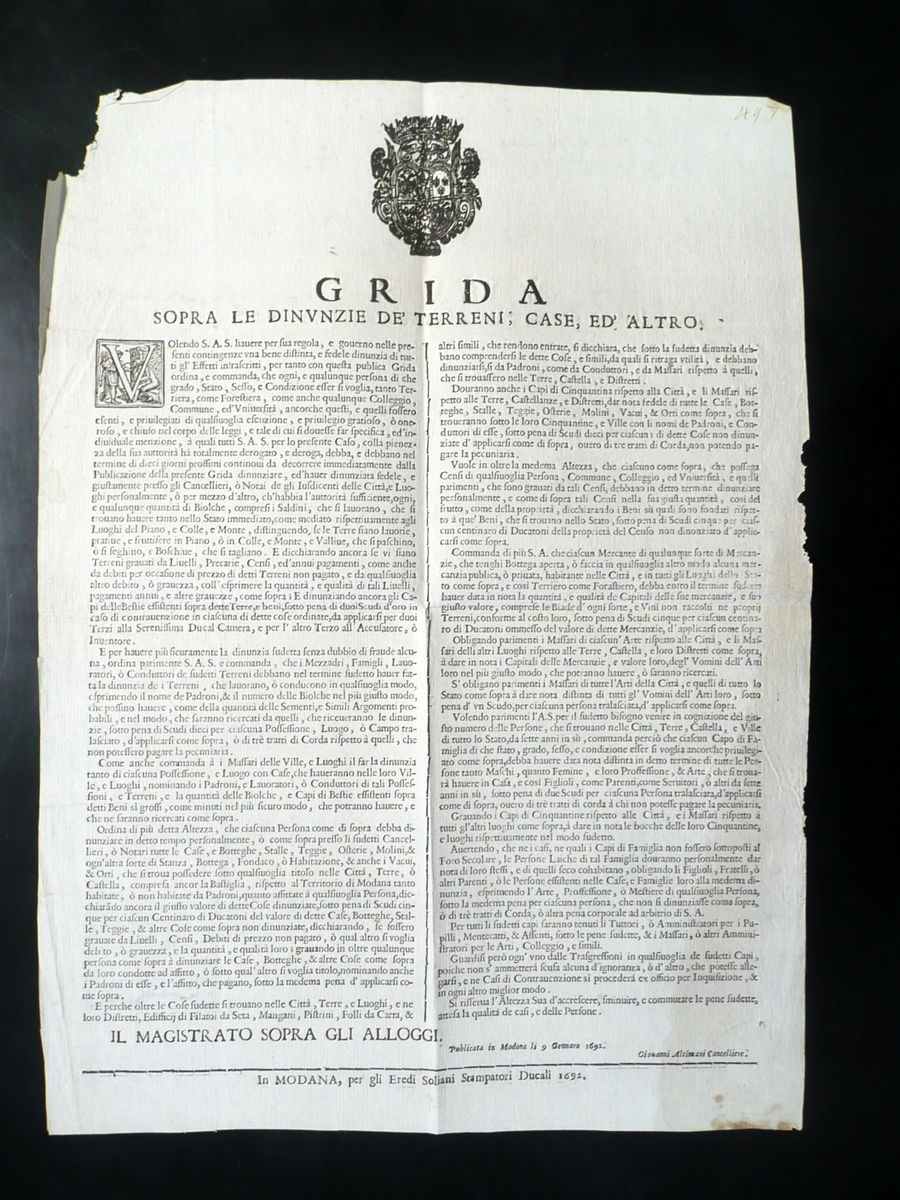 Grida Sopra le Dinunzie dei Terreni Case ed Altro Soliani …