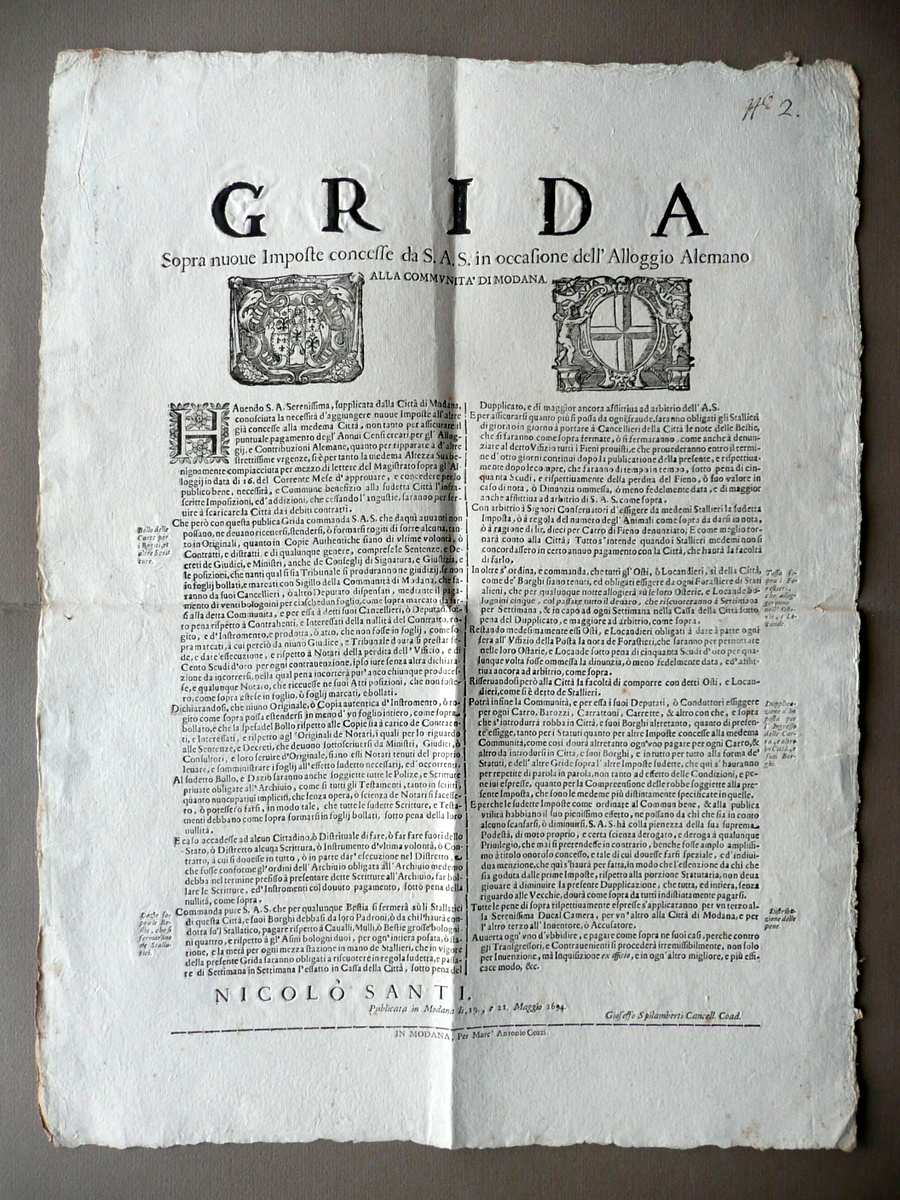 Grida Sopra Nuove Imposte Concesse Alloggio Alemano Modena 1694 Doppio …