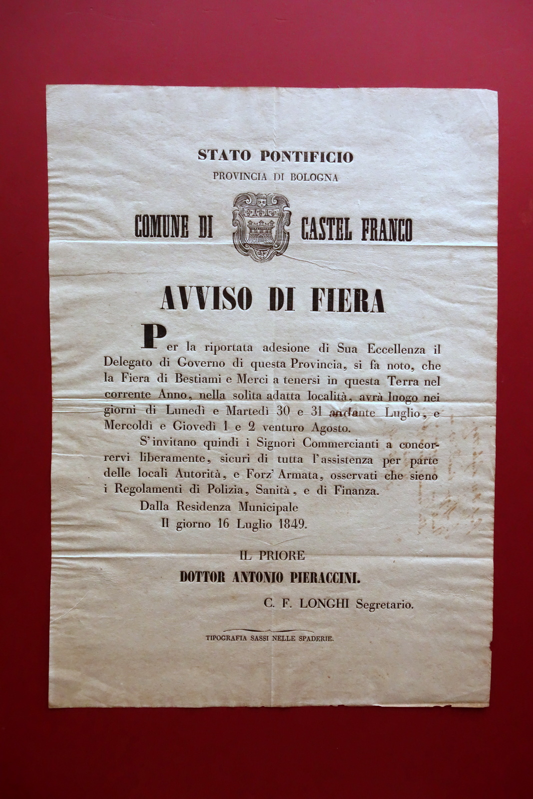 Grida Stato Pontificio Castelfranco Avviso di Fiera Luglio 1849 Disposizioni