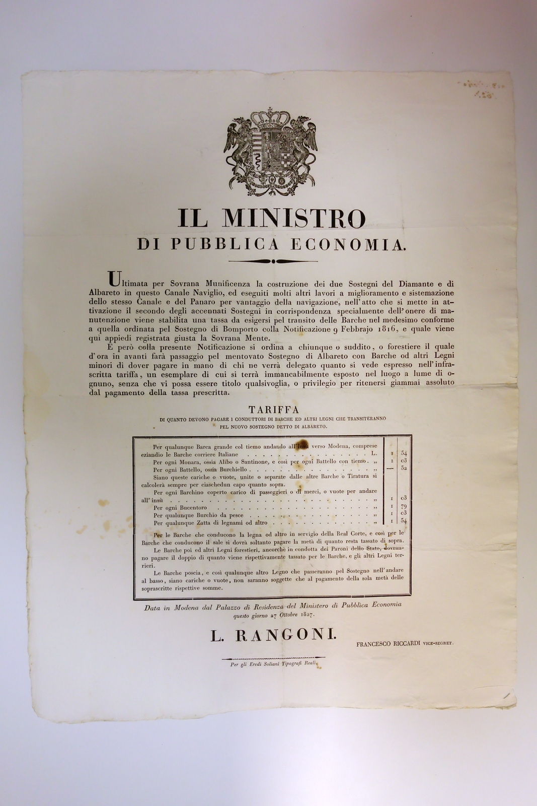 Grida Tariffa Barche Canale Naviglio Panaro Modena Albareto 1827