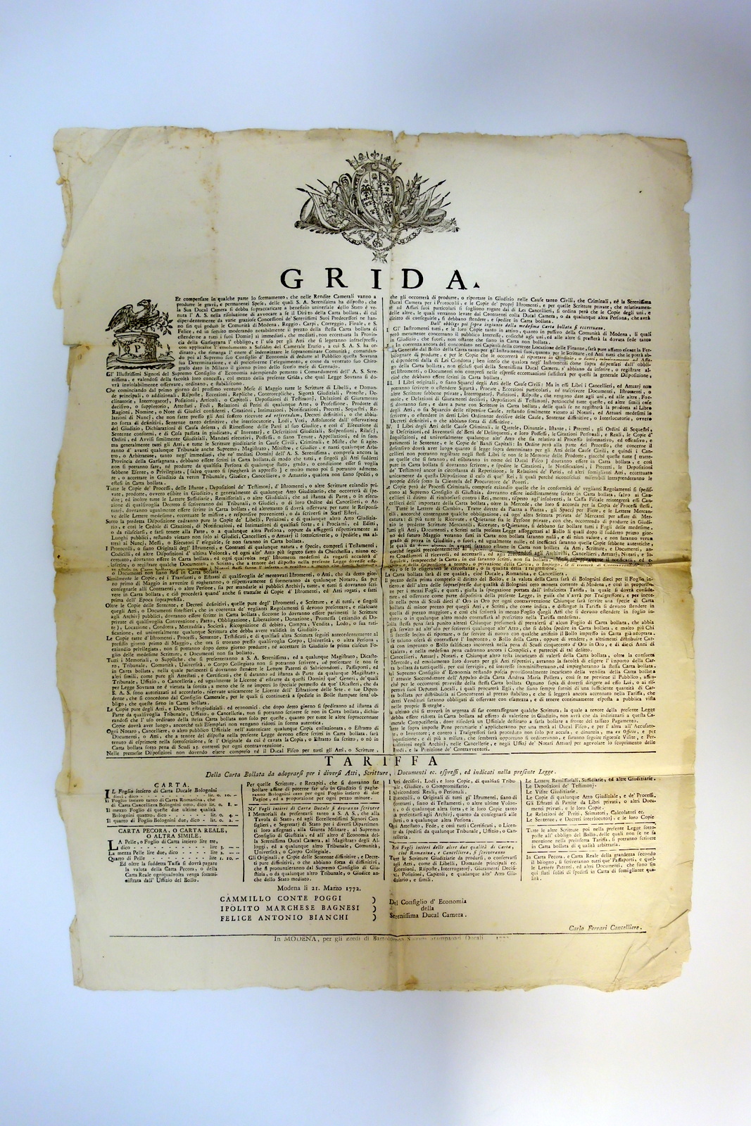 Grida Tariffa della Carta Bollata per Atti Scritture Documenti Modena …