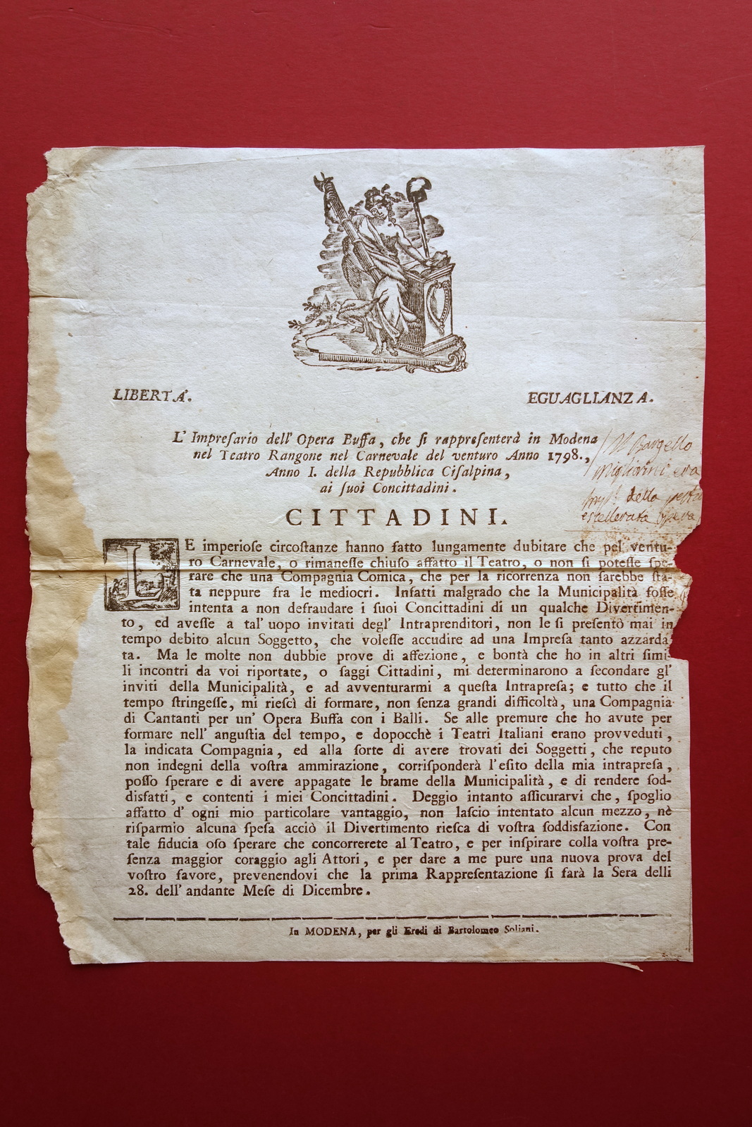 Grida Teatro Rangone Modena Carnevale 1798 Comici Cantanti Opera Buffa …