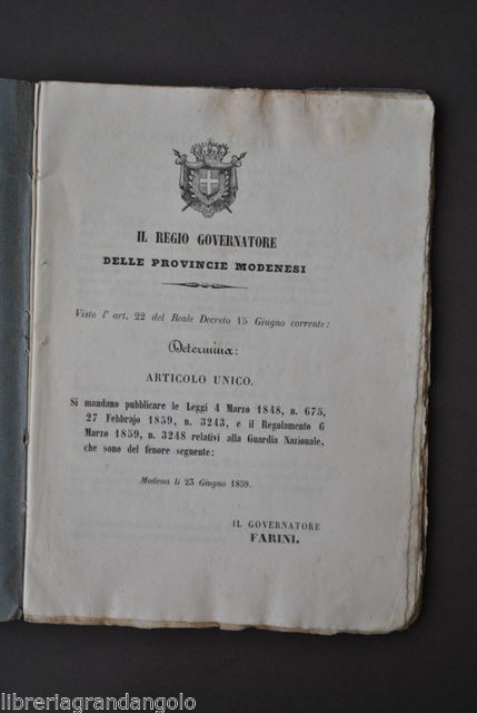 Guardia Nazionale Milizia Comunale Modena Farini Regolamento Battaglioni 1859