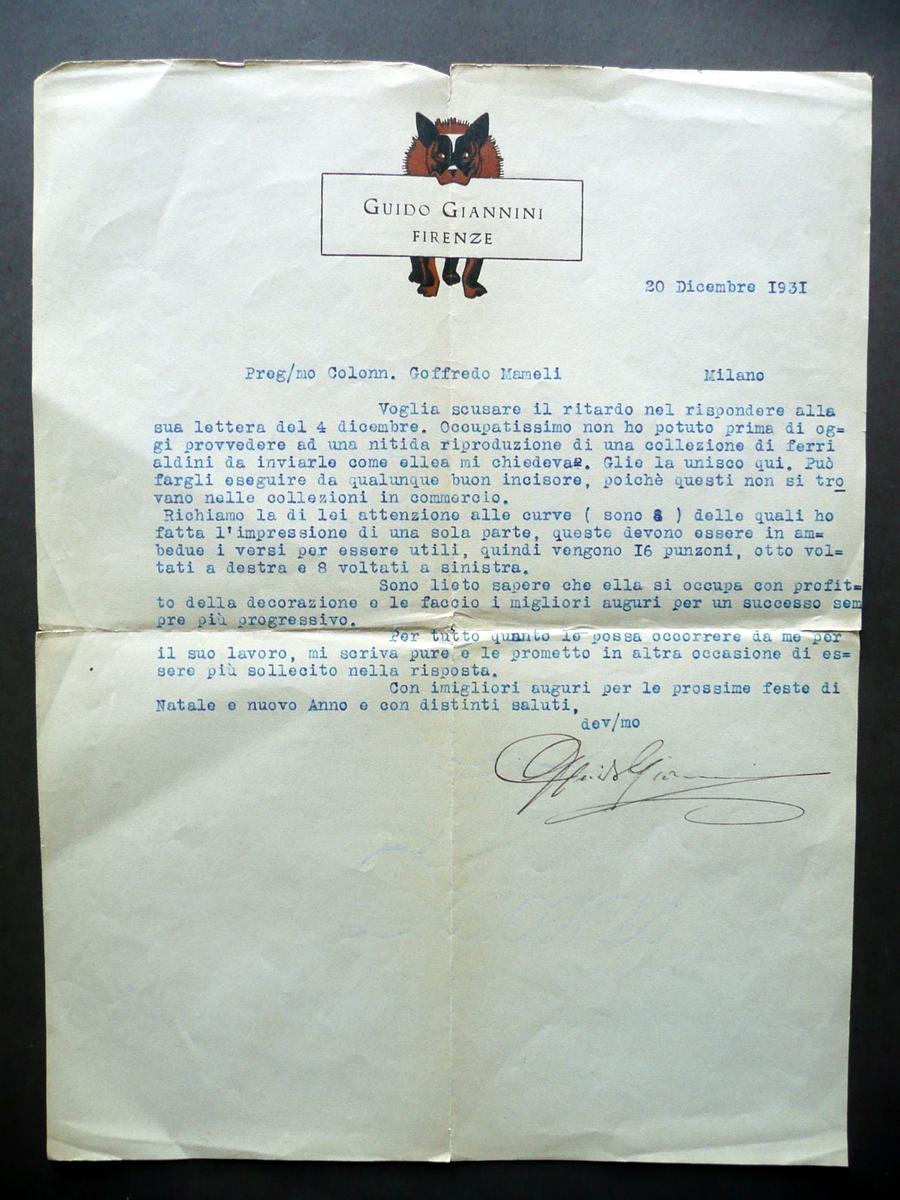 Guido Giannini Firenze Lettera 20 Dicembre 1931 Ferri Aldini Legatore …