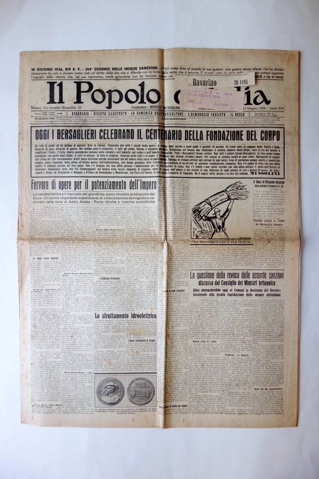 i Bersaglieri celebrano il centenario il Popolo d'Italia 18/6/1936 Completo