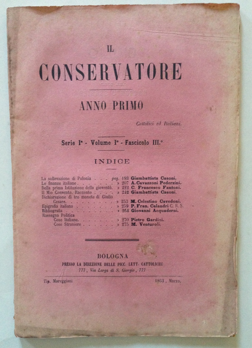 Il Conservatore Mensile 1863 Cavazzoni Pederzini La Sollevazione di Polonia