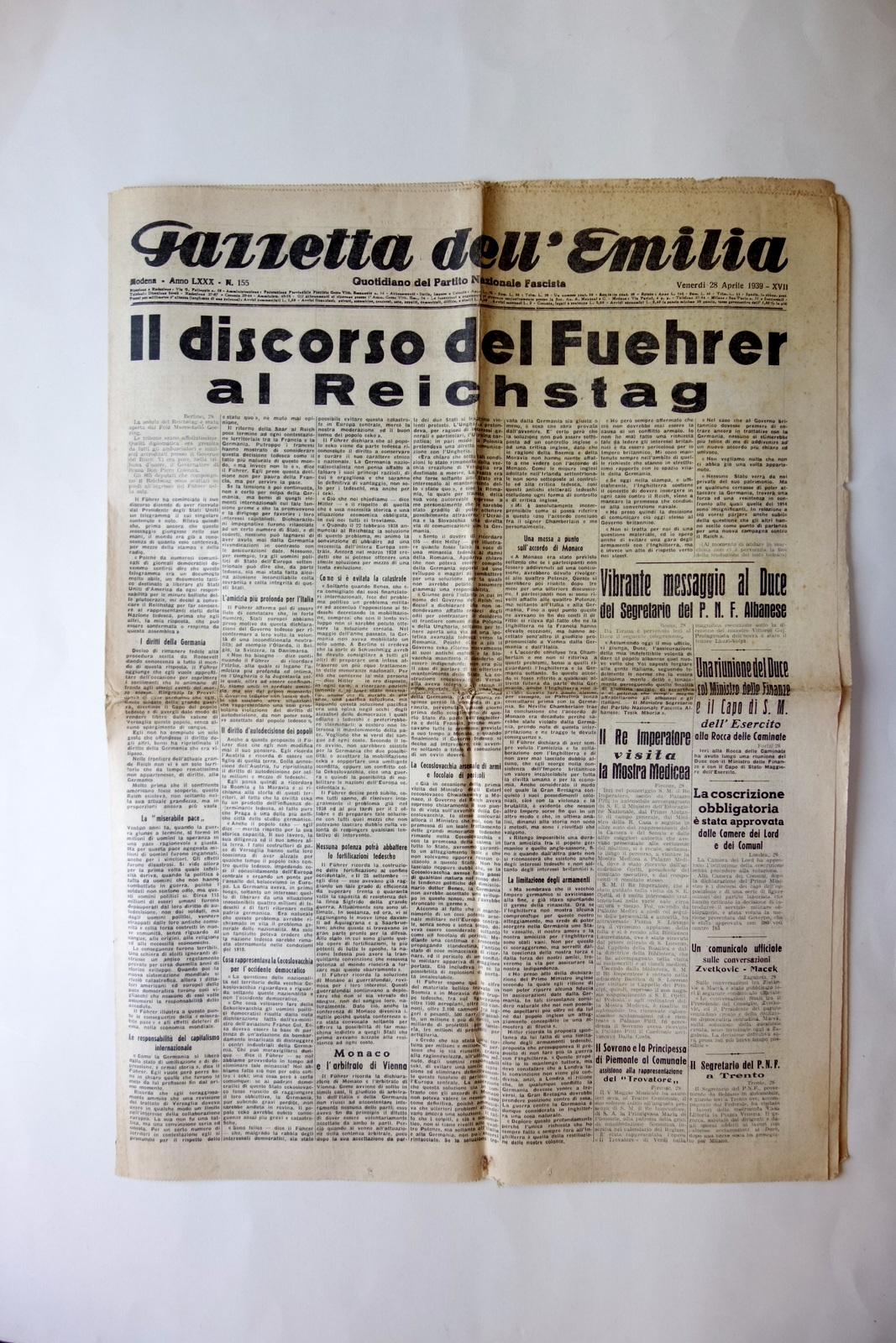 Il discorso del Fuhrer al Reichstag Gazzetta dell'Emilia Modena 28/4/1939