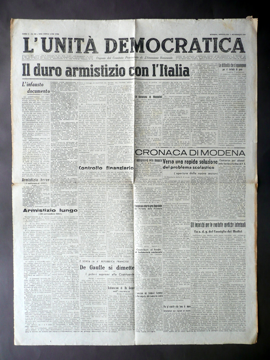 Il Duro Armistizio con l'Italia 1943 L'Unit‡ Democratica Anno I …