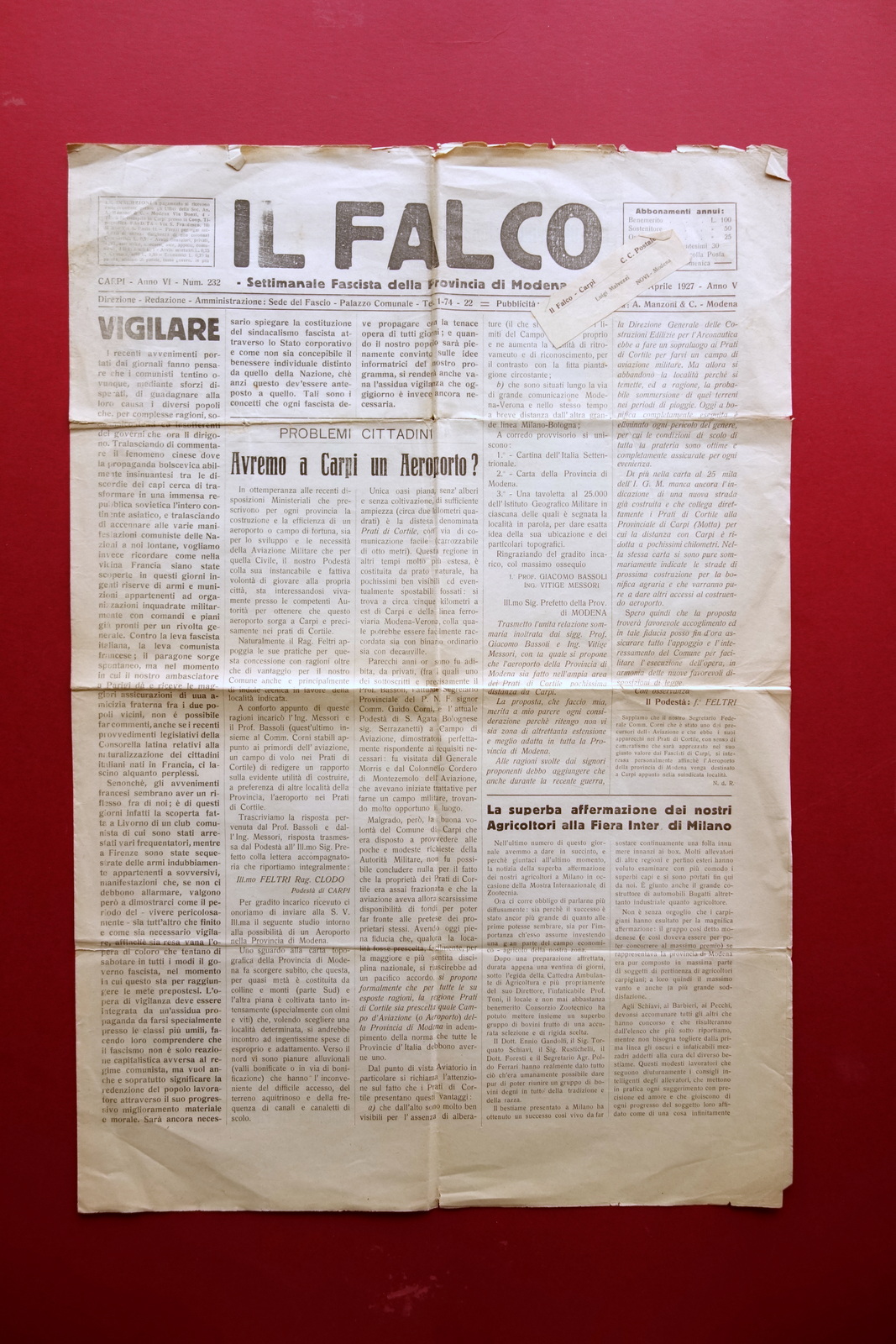 Il Falco Settimanale Carpi Anno VI Numero 232 Aprile 1927 …