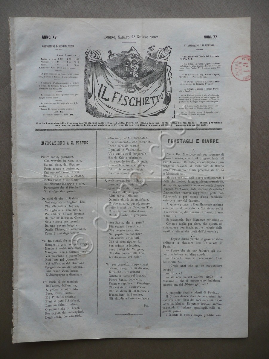 Il Fischietto Anno XV 2 Numeri 77-80 Torino 1862 Umorismo …