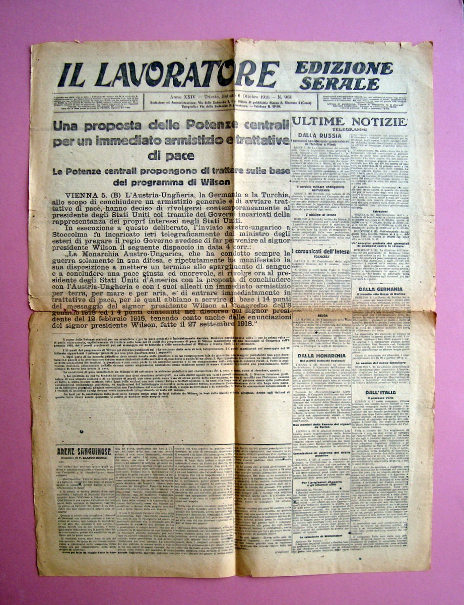 Il Lavoratore Trieste 6 ottobre 1918 Proposta Potere Centrale Armistizio …
