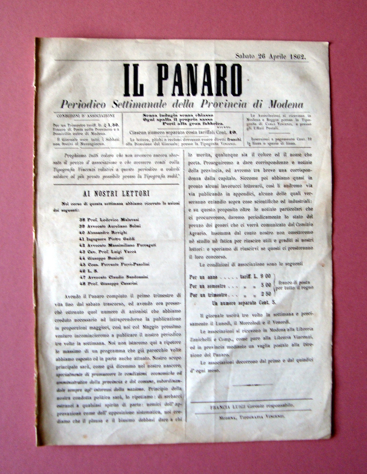 Il Panaro Settimanale Provincia Modena 26/4/1862 diventa trisettimanale A.1 n.1