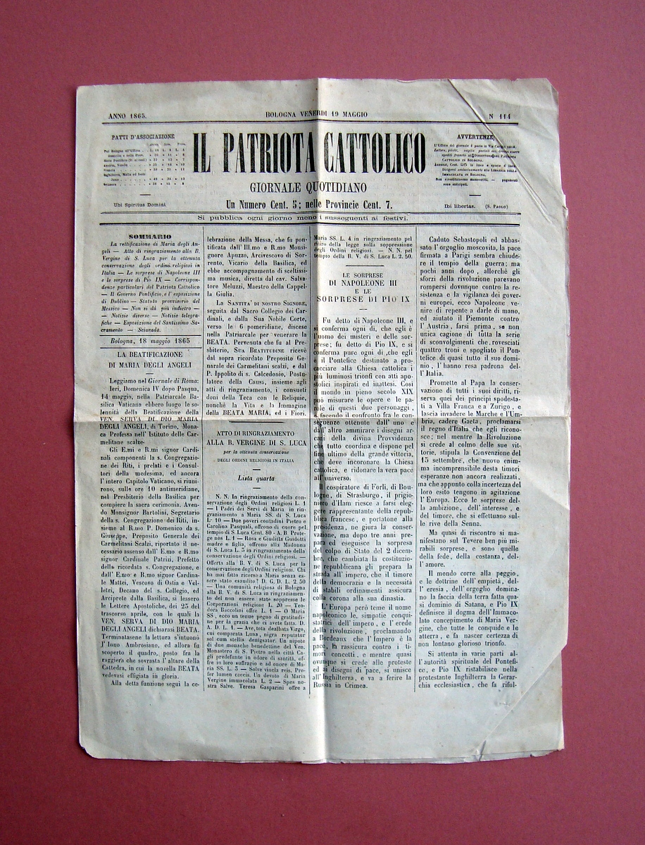 Il Patriota Cattolico 1865 n 114 integralista conservatore B.V. di …