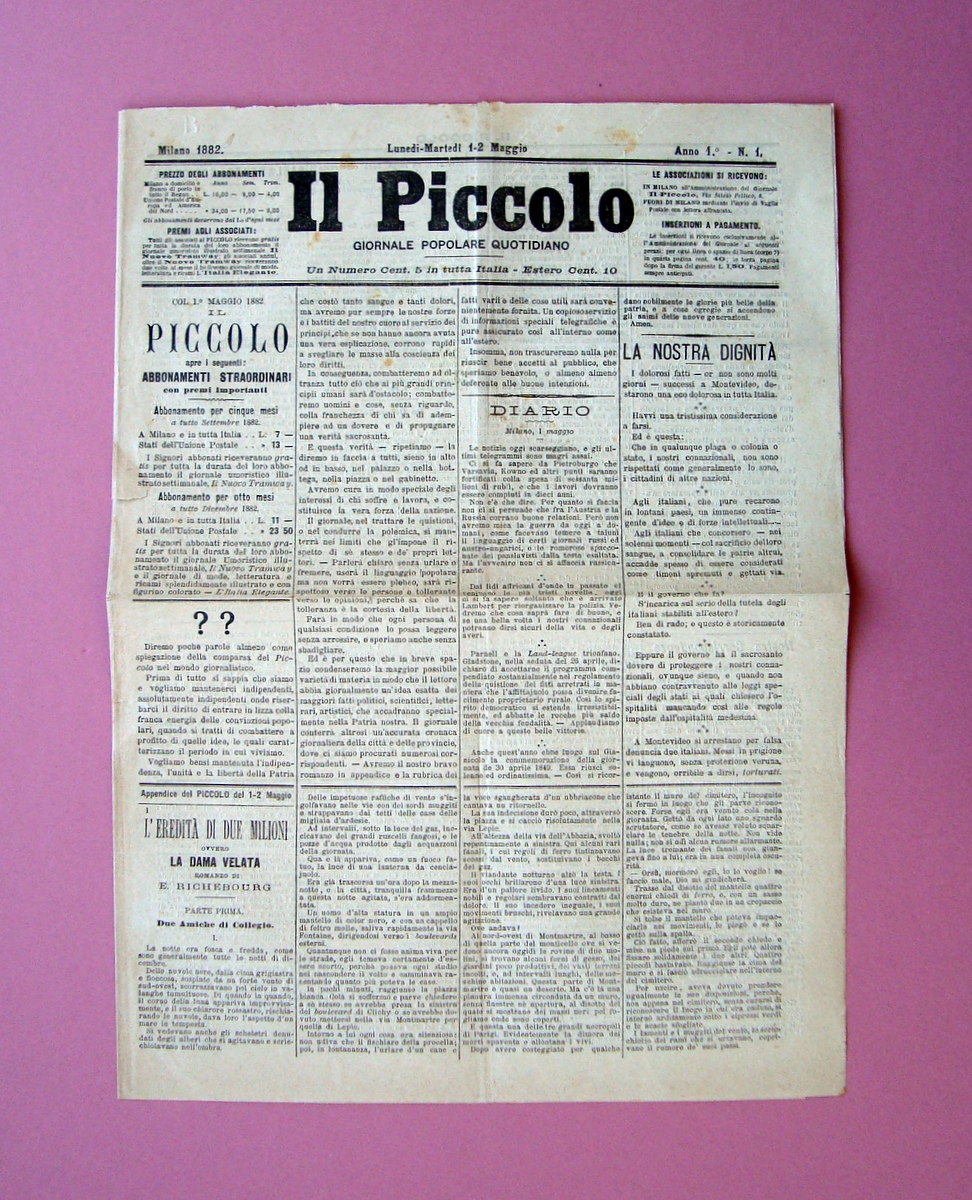 Il Piccolo Anno 1 N 1 Milano 1-2 maggio 1882 …