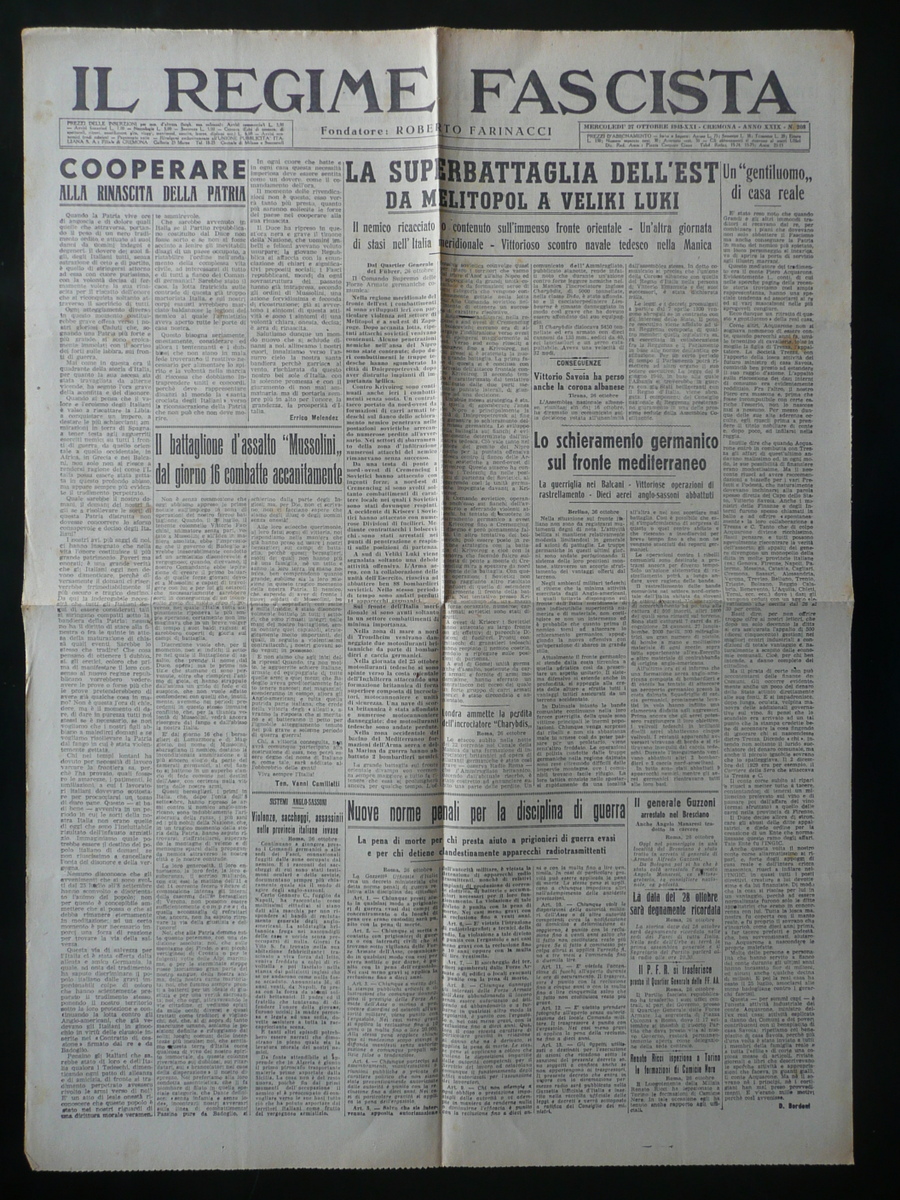 Il Regime Fascista Anno XXIX N.203 27 Ottobre 1943 Cremona …