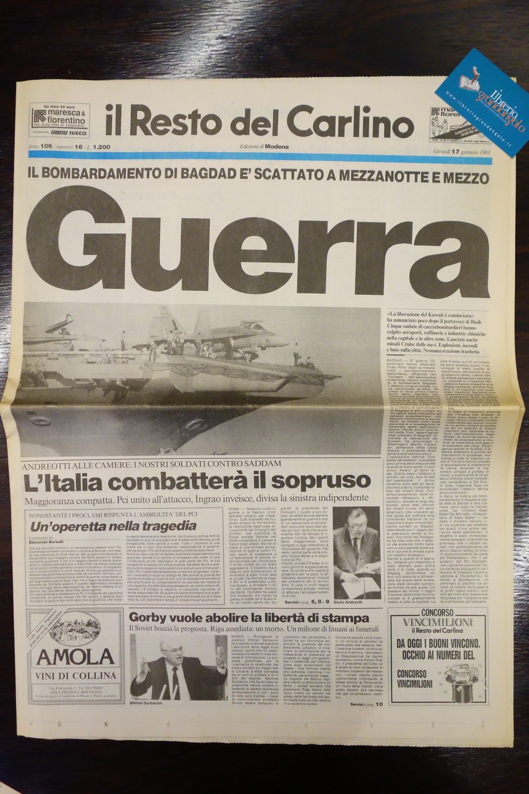 IL RESTO DEL CARLINO MODENA GUERRA DEL GOLFO BOMBE BAGDAD …