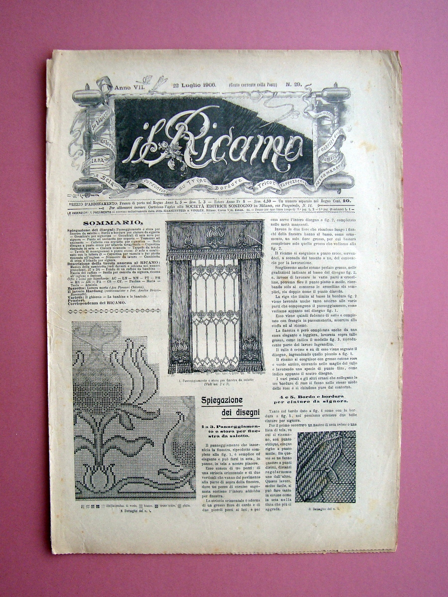 Il Ricamo n.29 22 Luglio 1906 Sonzogno Milano trine bordure …