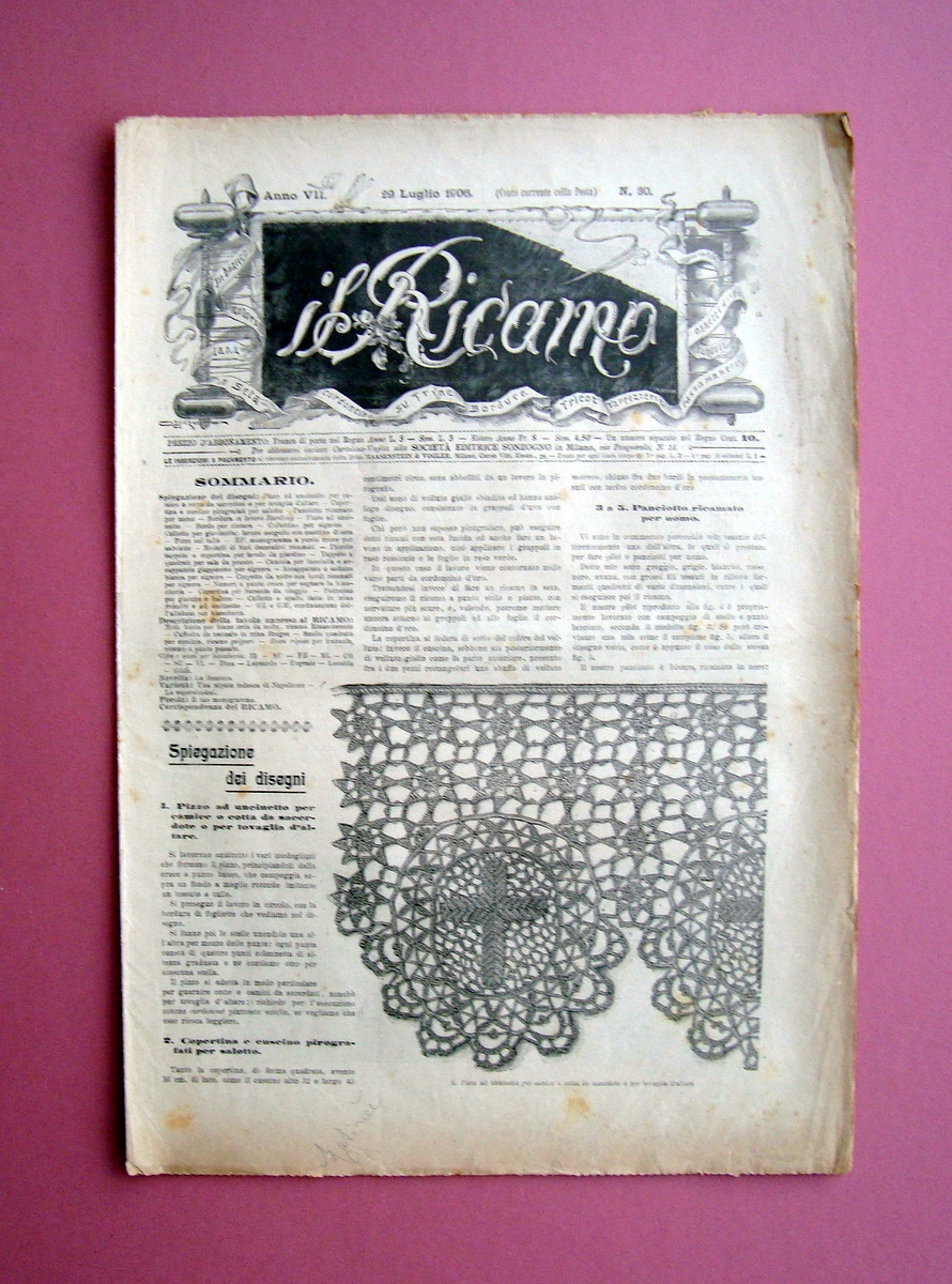 Il Ricamo n. 30 29 Luglio 1906 Sonzogno Milano trine …