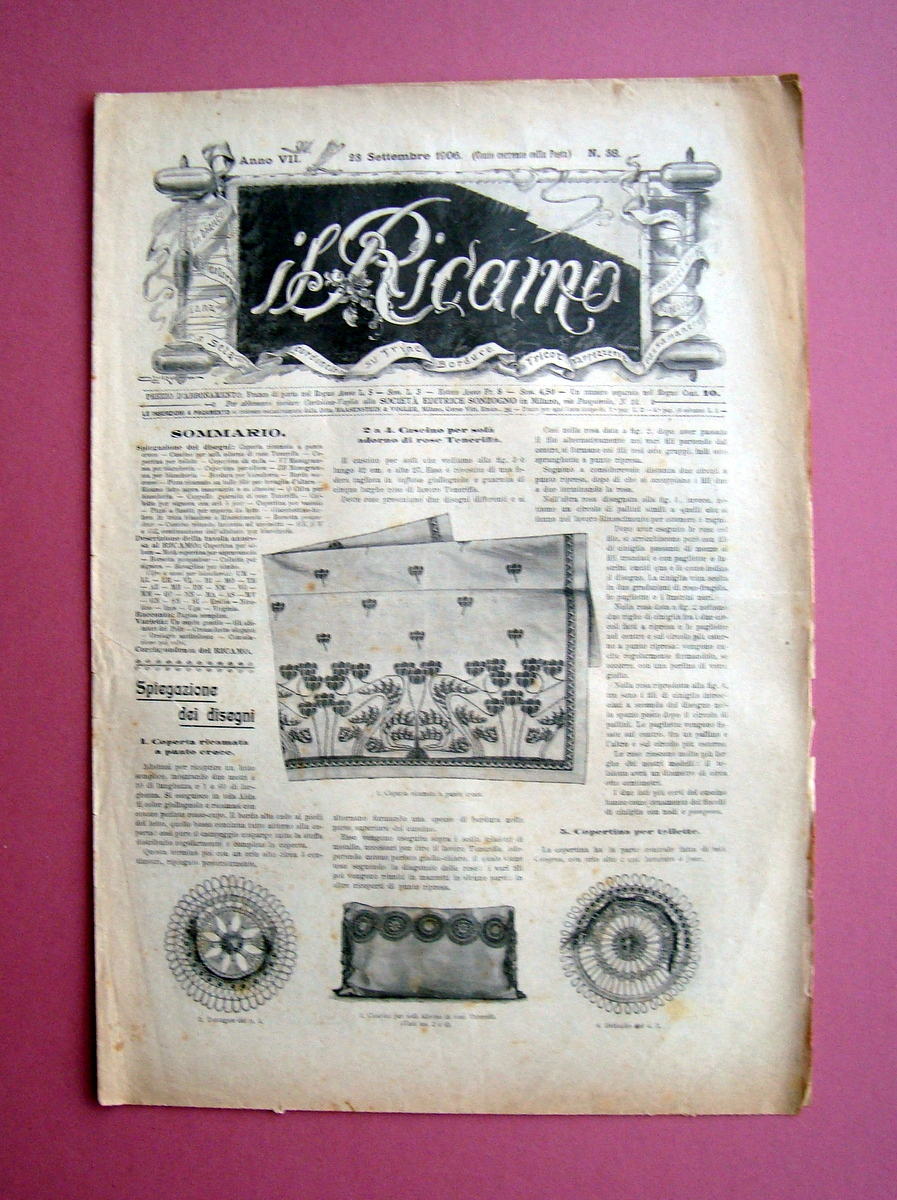 Il Ricamo n.38 23 Settembre 1906 Sonzogno Milano trine bordure …
