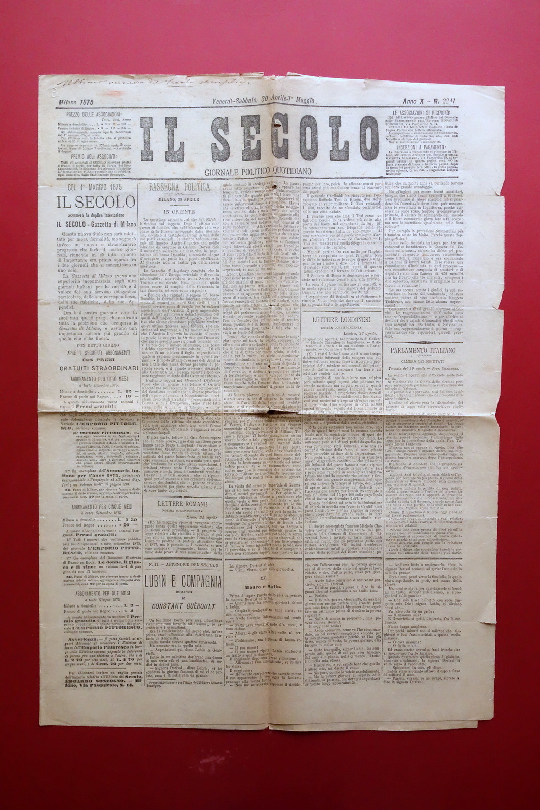 Il Secolo Giornale Anno X Milano 30/4-1/5 1875 Completo Ultimo …