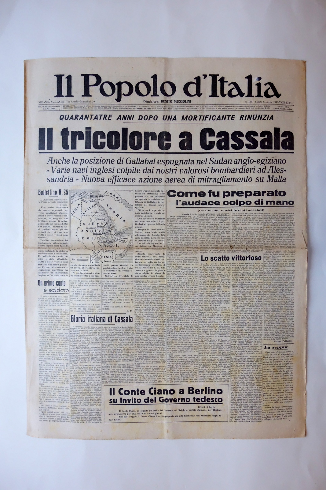 Il Tricolore a Cassala il Popolo d'Italia Milano 6/7/1940 WW2 …