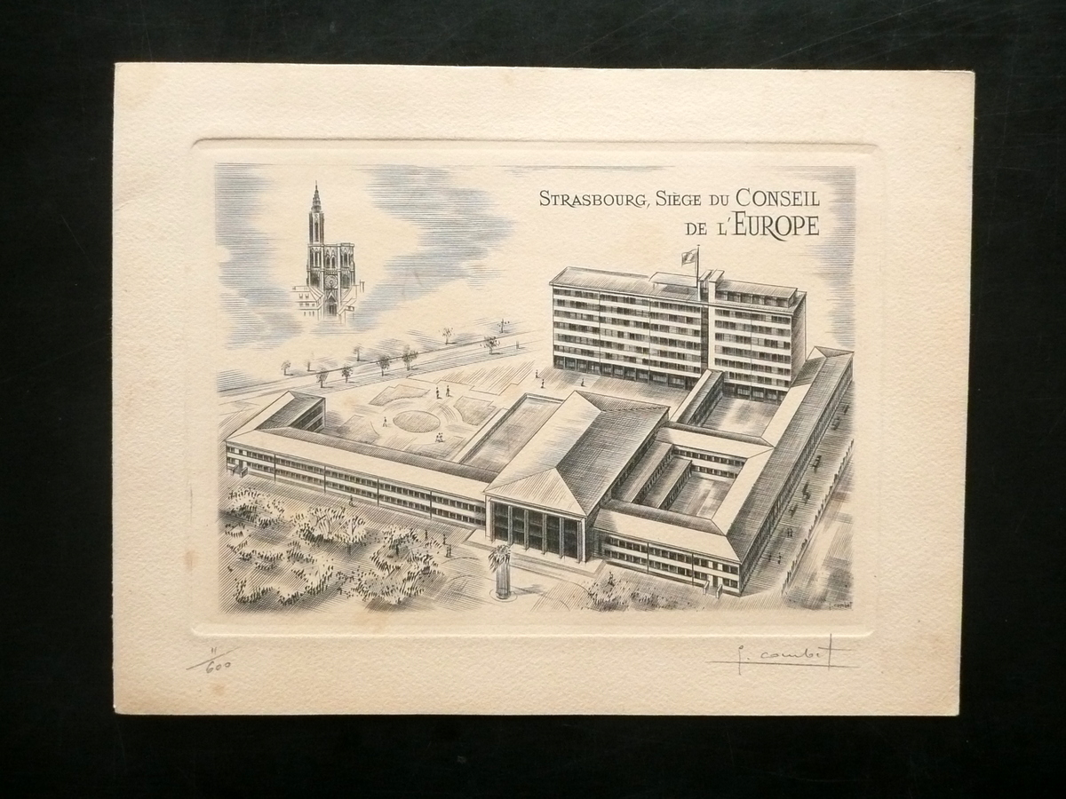 Incisione Acquaforte Francobolli Sede Consiglio d'Europa Strasburgo Francia 1958