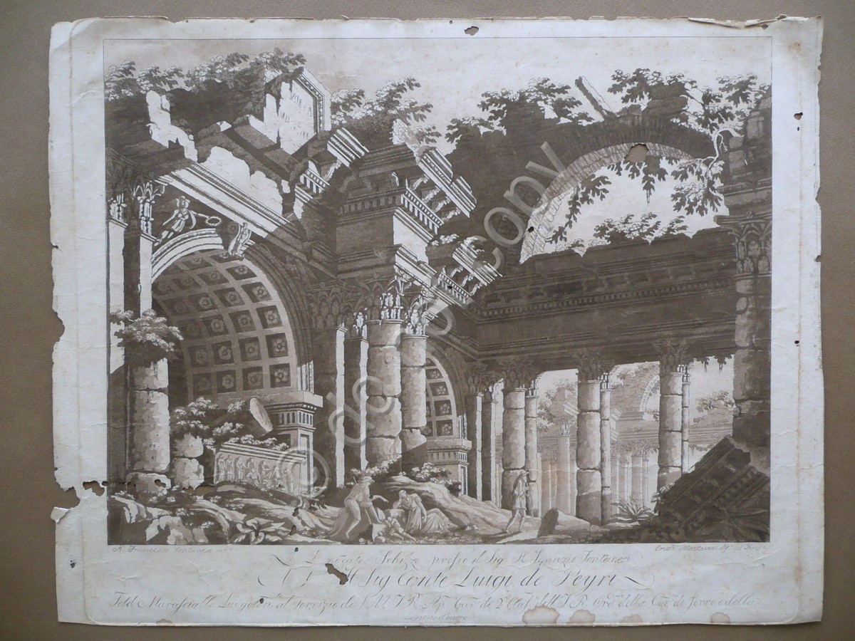 Incisione Acquatinta Francesco Fontanesi Scenografia Conte Luigi de Peyri Teatro