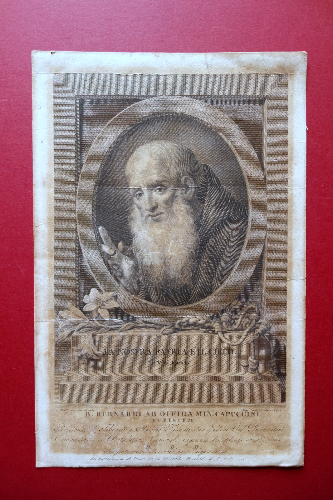 Incisione Beato Bernardo da Offida Cappuccini Mallerini Campanella '800