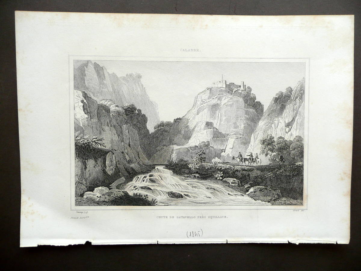 Incisione Chute de Gatavello Torrente Ghetterello Squillace Calabria 1830-40