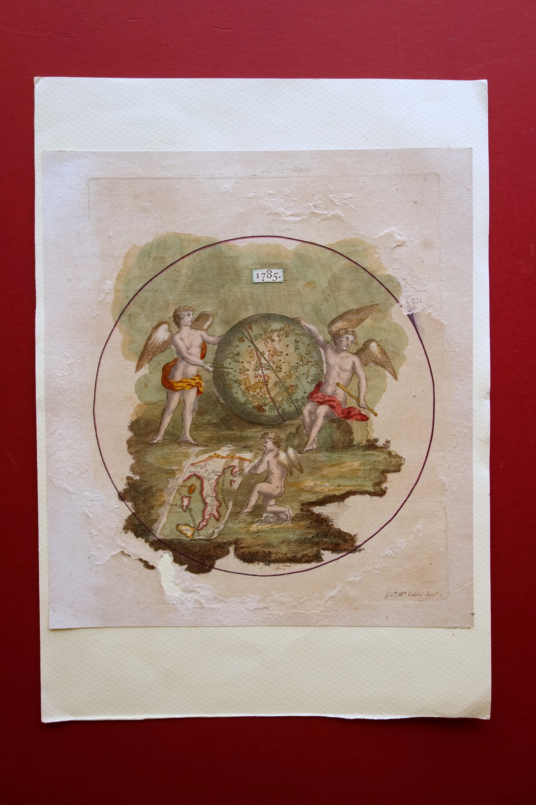 Incisione Globo Zodiacale e Italia Cassini 1785 Zodiaco a Colori