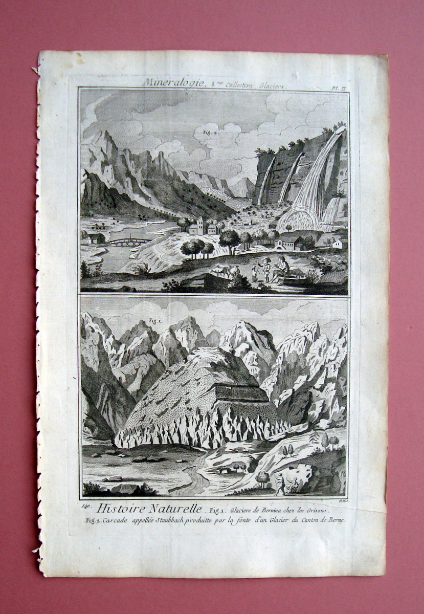 Incisione Histoire Naturelle Glaciers de Bernina Cascade Staubbach Diderot 1751