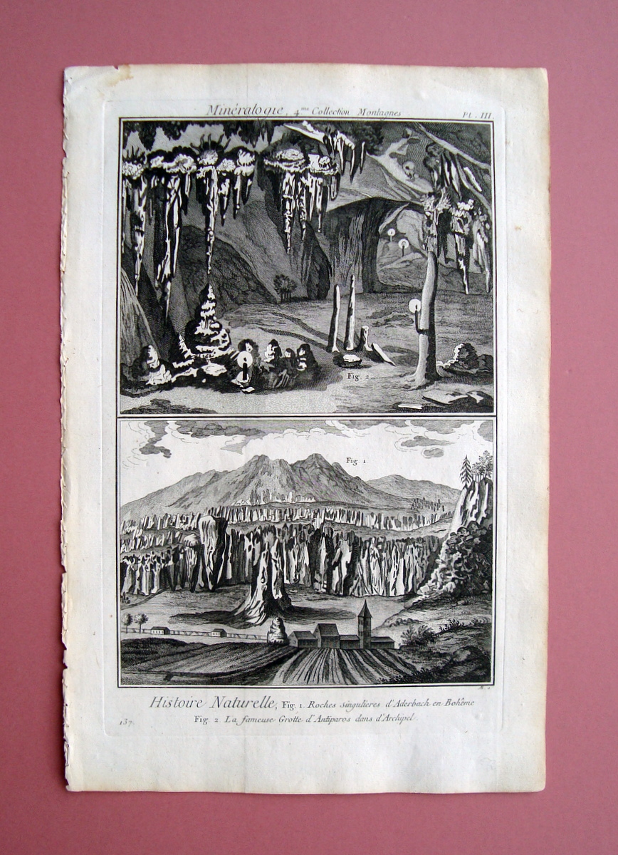 Incisione Histoire Naturelle Roches Aderbach Boeme Grotte Antiparos Diderot 1751