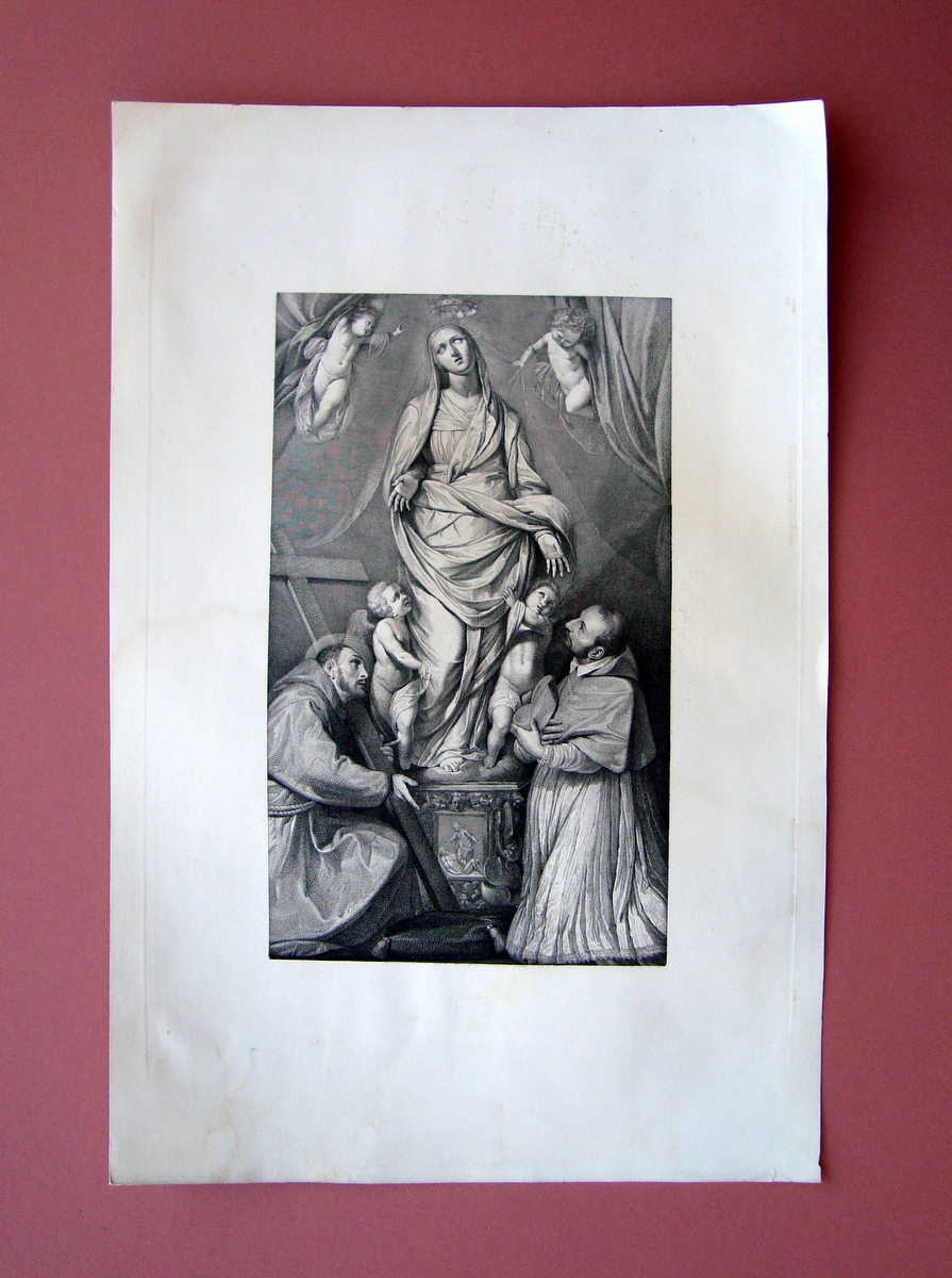 Incisione rame met‡ '800 S.Francesco S.Borromeo adorazione statua della Vergine