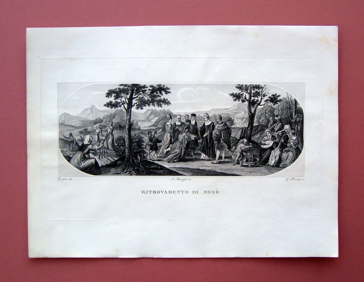 Incisione rame Ritrovamento di MosË Galleria Pitti Firenze 1842 Giorgione …