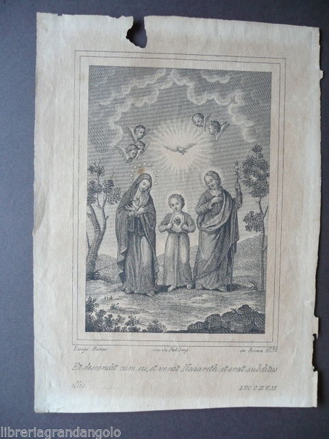 Incisione Santino Sacra famiglia Luigi Banzo Roma 1852