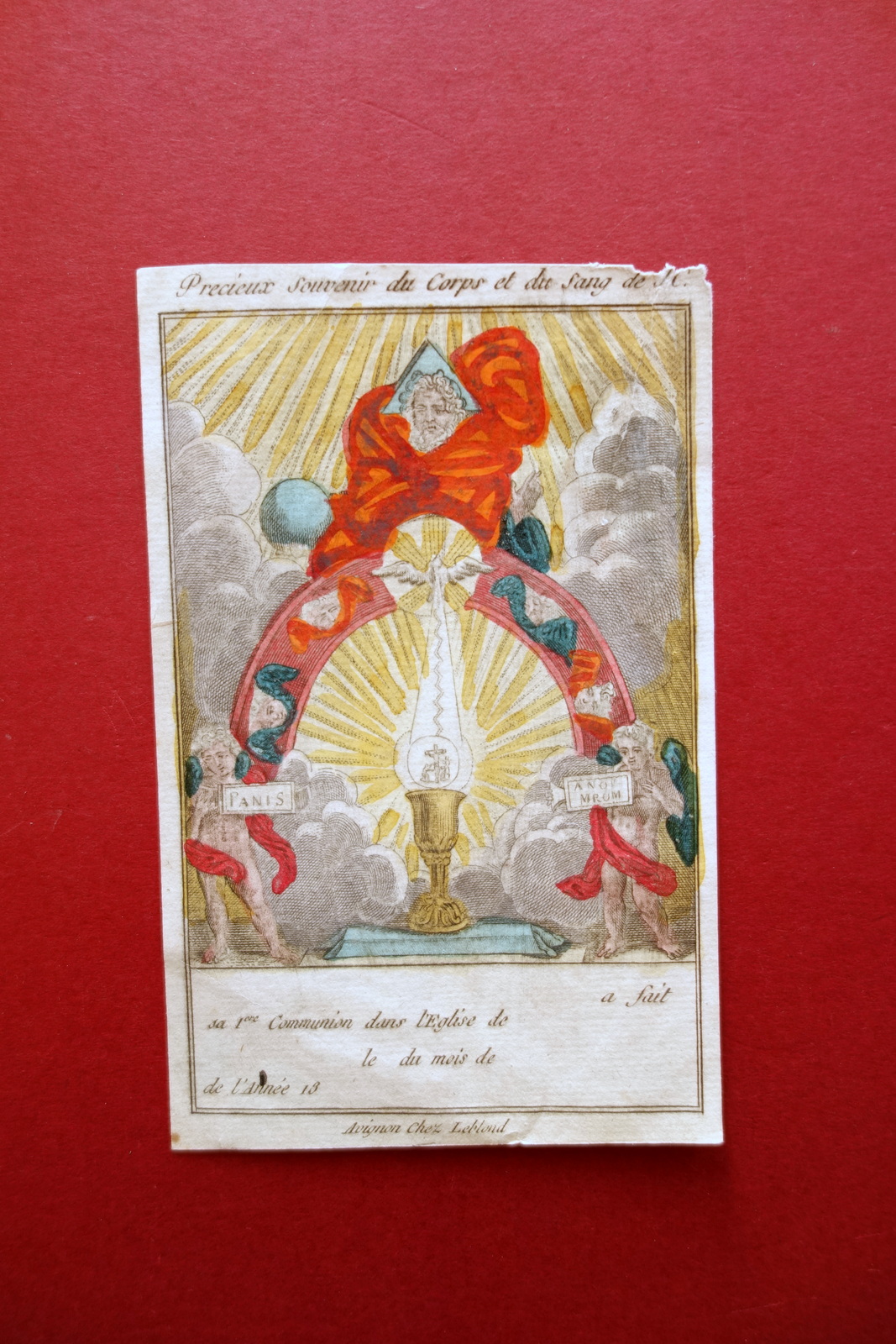Incisione Souvenir Premiere Communion Leblond Avignone Colorata a Mano '800