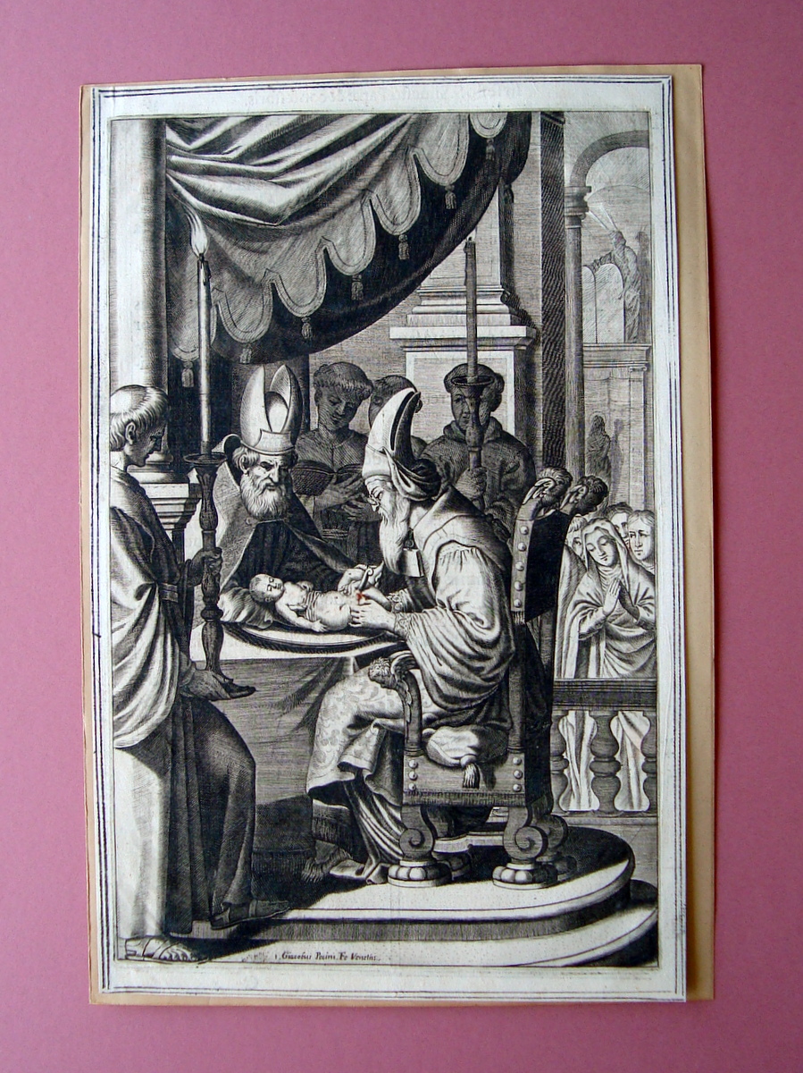 Incisione su rame Circoncisione Giacomo Pecini '600 retro testo bicolore