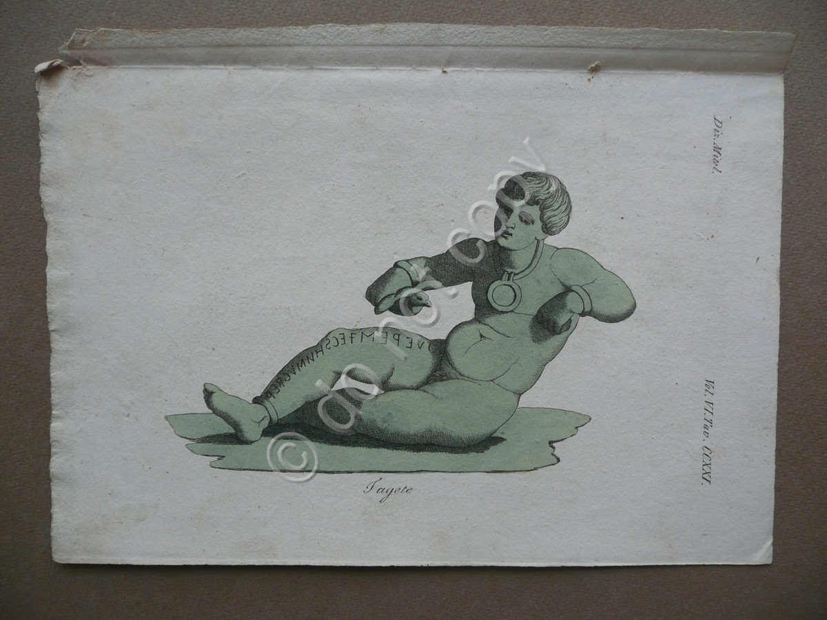 Incisione Tagete Mitologia Etrusca Prima Met‡ Ottocento Colorazione d'Epoca