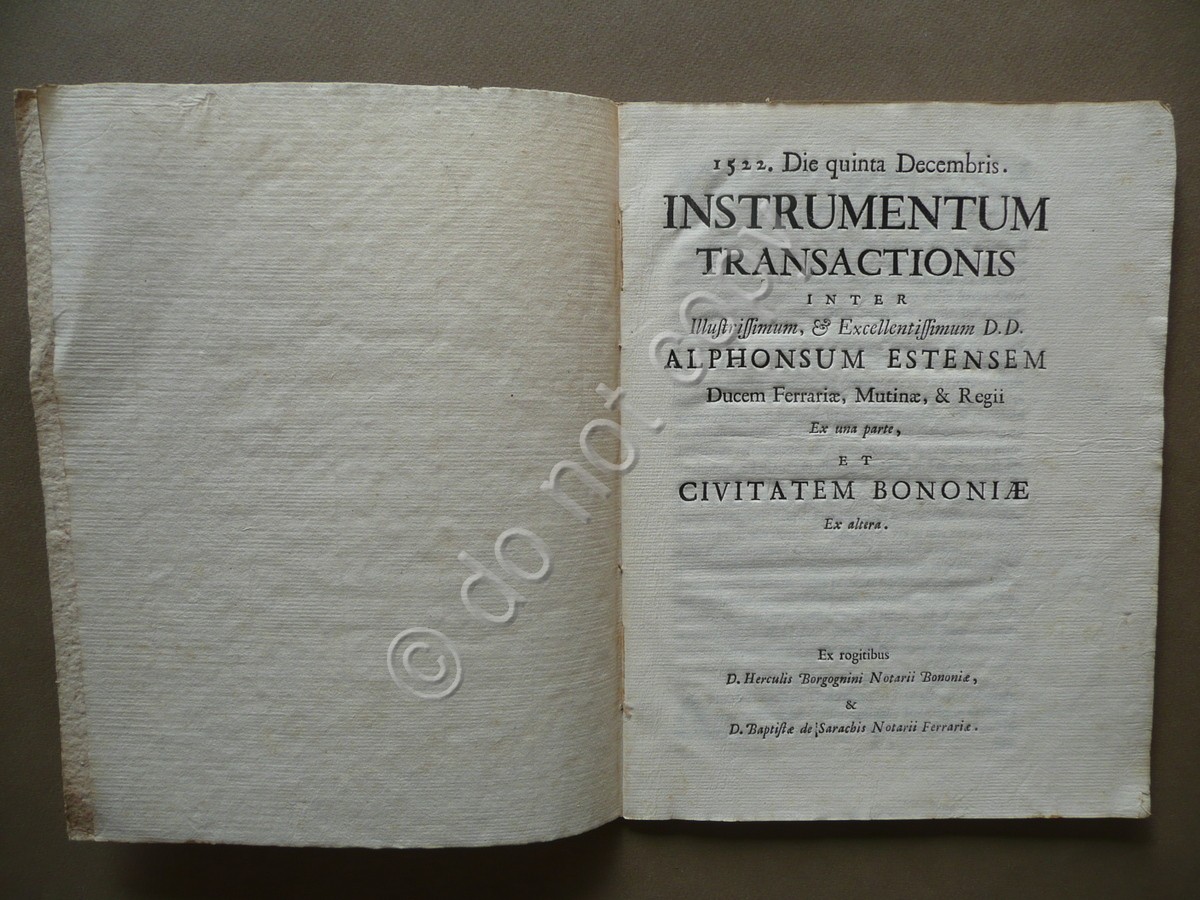 Instrumentum Transactionis Alphonsus Estensem Ducem Mutinae Bononiae 1717 Reno