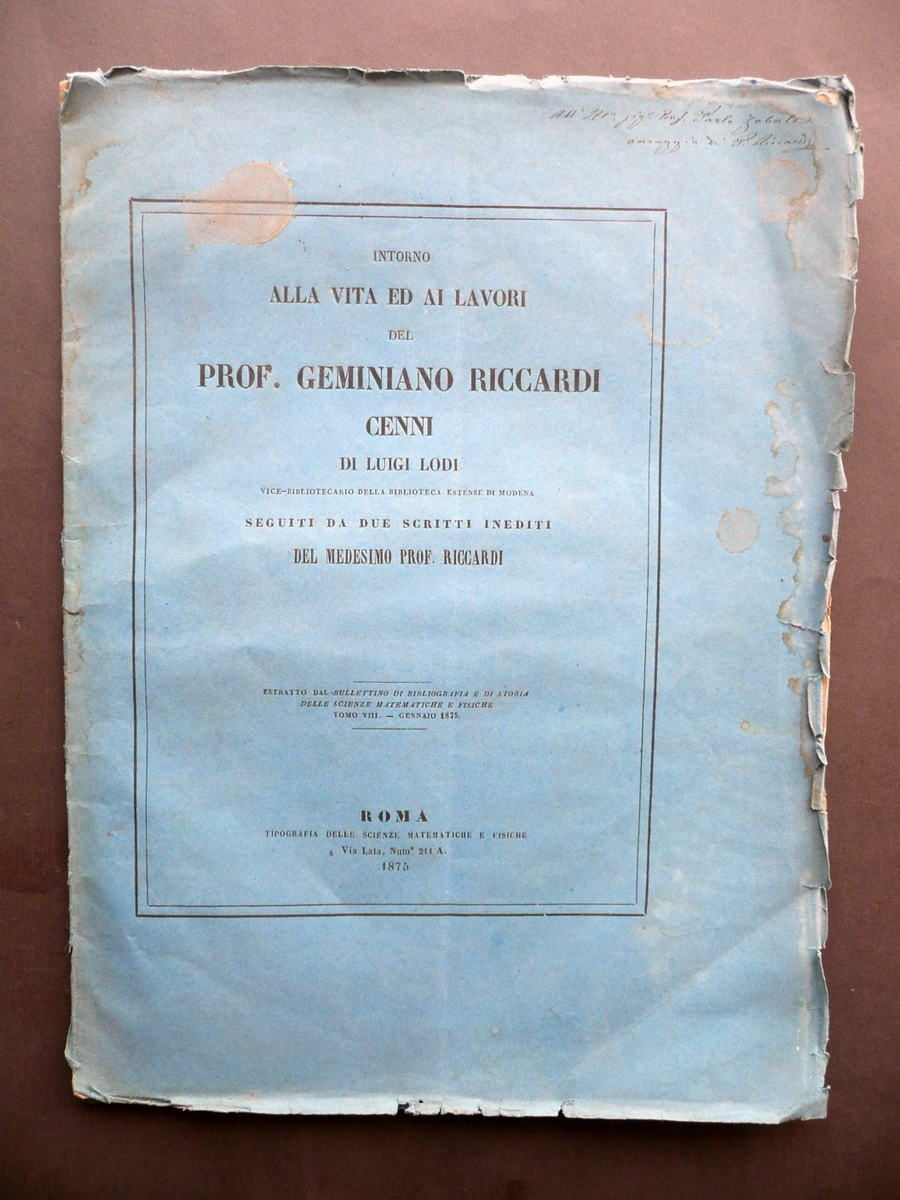 Intorno alla Vita e Lavori del Prof. G. Riccardi Luigi …