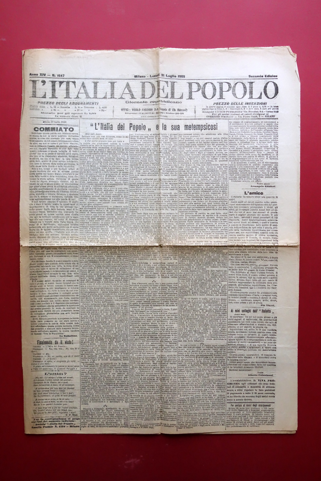 Italia del Popolo Anno XIV Milano 31/7/1905 Ultimo Numero Giornale …