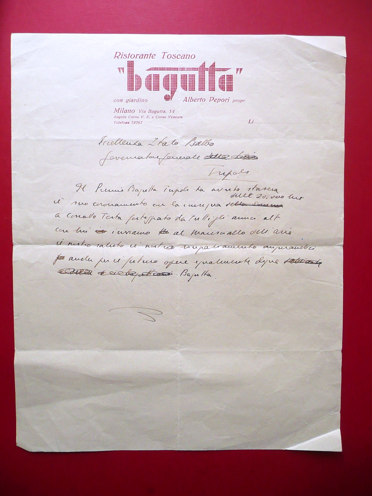 Italo Balbo Bozza di Lettera Premio Bagutta Tripoli Ristorante Toscano …