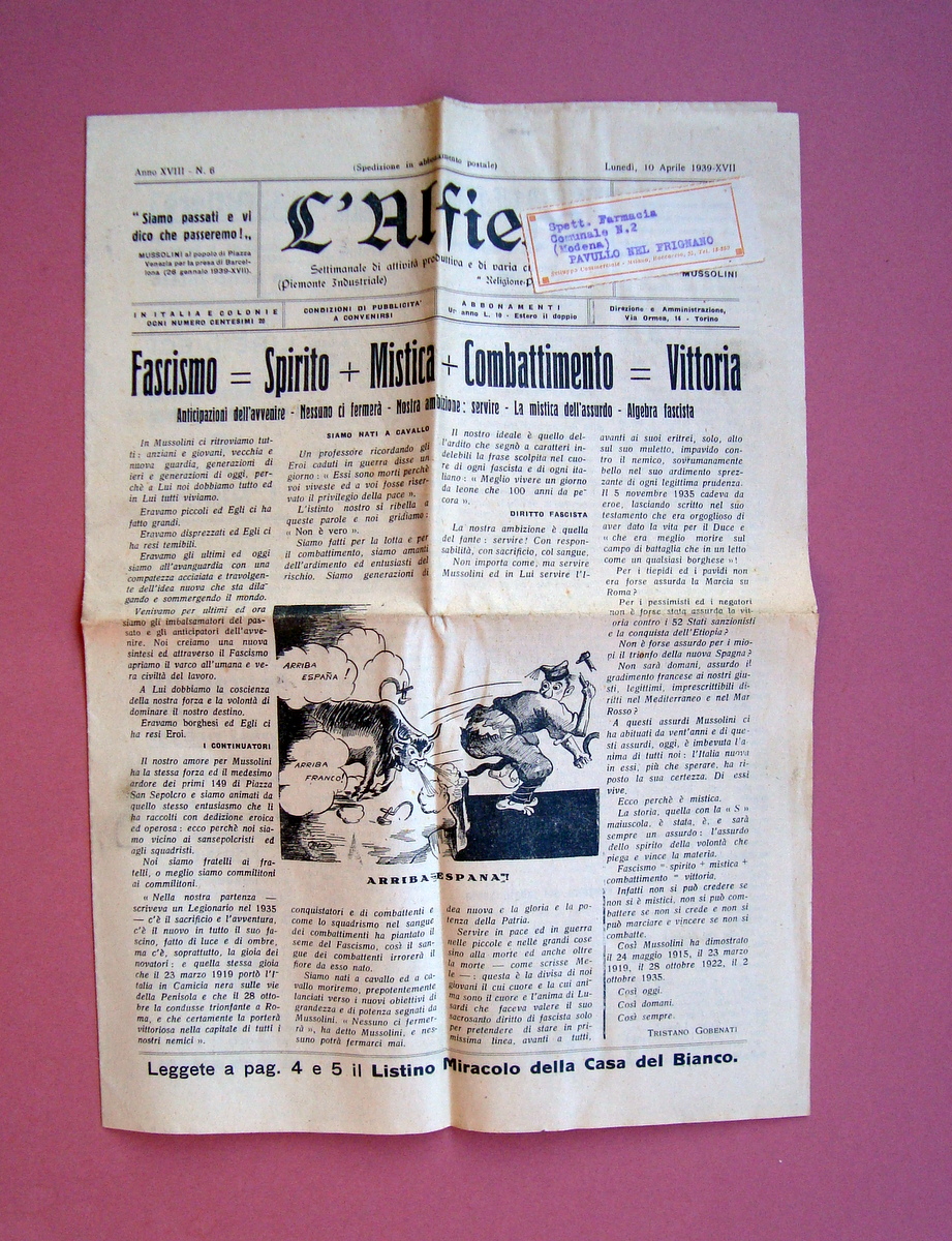 L'Alfiere settimanale 10/4/1939 Fascismo=Spirito+Mistica+Combattimento=Vittoria