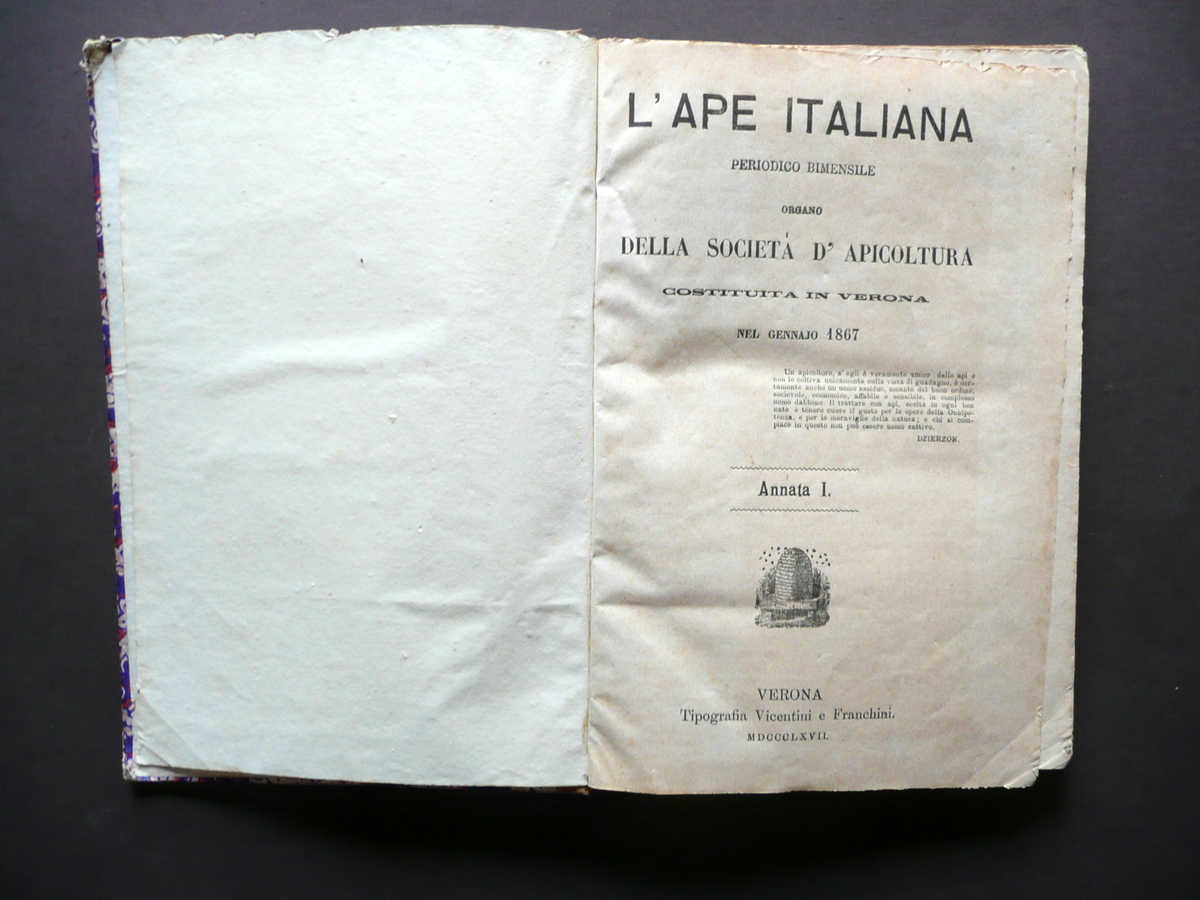 L'Ape Italiana Rivista Societ‡ d'Apicoltura Verona Anno I 1867 21 …